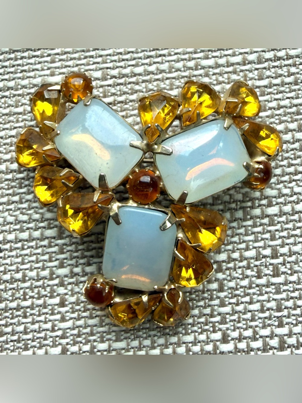 Opalescent White and Amber color Glass Vintage Brooch ?Juliana?